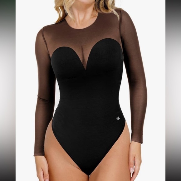 Popilush Long Sleeve Mesh Bodysuit Shapewear Built in Bra Thong NWT S - Picture 1 of 7